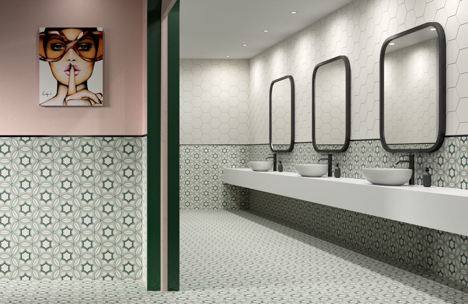rendering di piastrelle esagonali decorative ambientate in un bagno