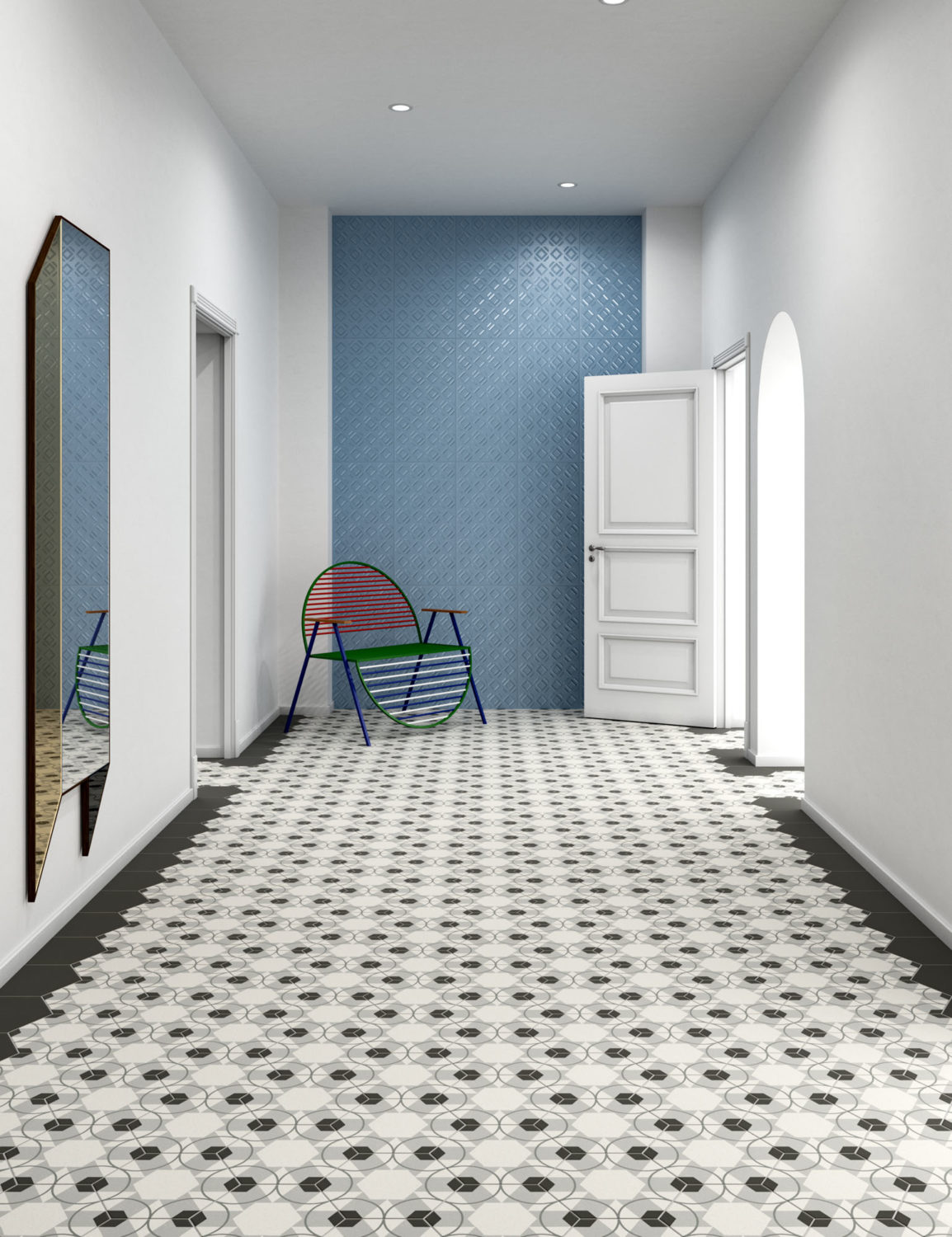 rendering di ingresso con pavimento di piastrelle esagonali decorative e sedia di design e porte aperte su altre stanze