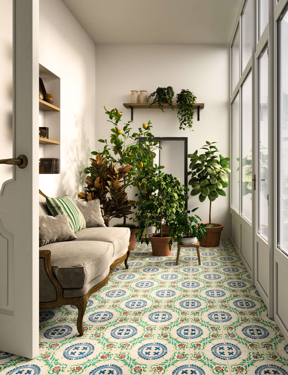 rendering di pavimento in ceramica con divano e piante e vetrata
